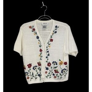 Vintage Talbots Embroidered Grandma Cardigan Short Sleeves Ramie Cotton Petite M